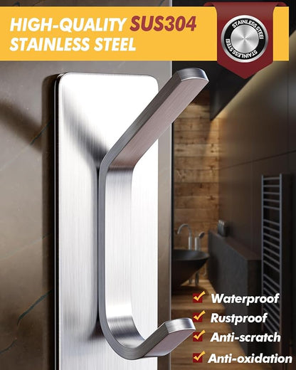 Auxmir Self Adhesive Hooks for Hanging 15lb, Stainless Steel Wall Hooks for Coat and Towel, Waterproof Oilproof Rustproof Adehesive Door Hanger for Bathroom Shower Kitchen Office RV, Silver, 5 Pack
