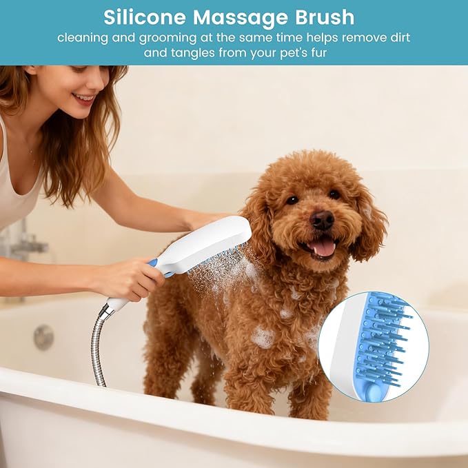 4 Mode Dog Shower Attachment, Dog Shower Sprayer with 78 Inches Stainless Steel Hose, ABS Diverter, Adhesive Holder, for Fast Easy Dog Bathing and Cleaning, Indoor/Outdoor Use