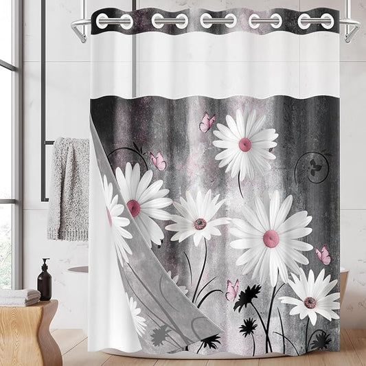 No Hook Pink White Daisy Butterfly Shower Curtain with Snap in Fabric Liner Set, Grey Farmhouse Double Layers Waterproof Fabric with See Through Top Window Open Grommet Bath Curtain 54x80 Inch