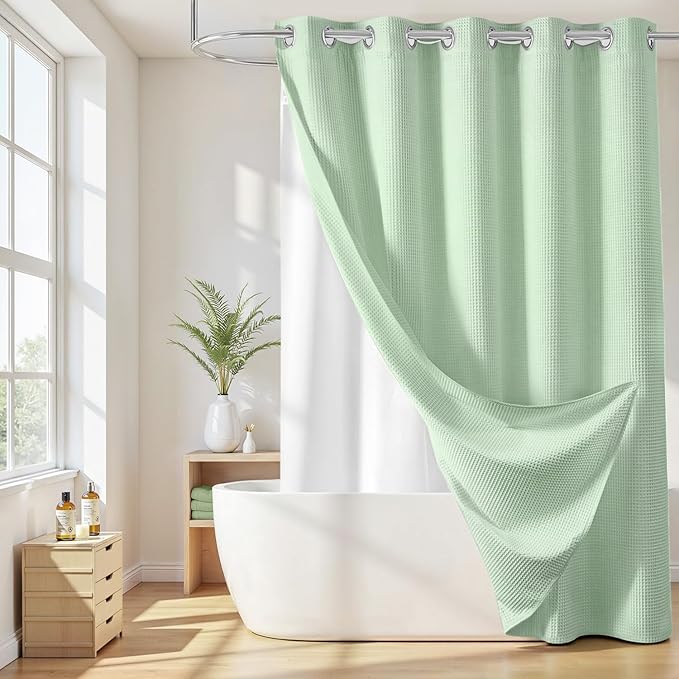 River Dream Hotel Grade No Hooks Needed Shower Curtain with Snap in Liner,Water Repellent, Machine Washable (Green Light, 71"x74"(W/Liner))