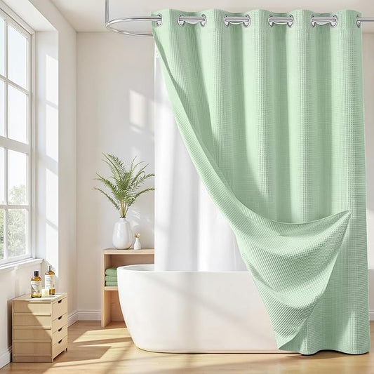 River Dream Hotel Grade No Hooks Needed Shower Curtain with Snap in Liner,Water Repellent, Machine Washable (Green Light, 71"x74"(W/Liner))