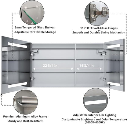 GroGro LED Lighted Bathroom Medicine Cabinet with Mirror, 40" W x 24" H Beveled Edge Medicine Cabinet with Lights,Surface or Recessed Mounting,Defog,Dimming,3-Color Temperature Adjustment
