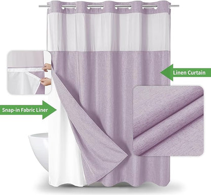 No Hooks Needed Linen Textured Shower Curtain with Snap-in Fabric Liner Set,Hotel Luxury Decor Shower Curtains for Bathroom with Mesh Top Window,Waterproof & Washable,71Wx74H,Lavender