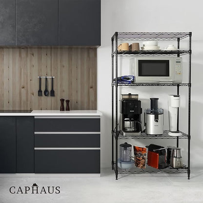 CAPHAUS NSF Adjustable Height Wire Shelving Unit w/Liner, 5-Tier Metal Steel Storage Shelf for Basement, Garage, Utility Organizer, No Wheels, Black