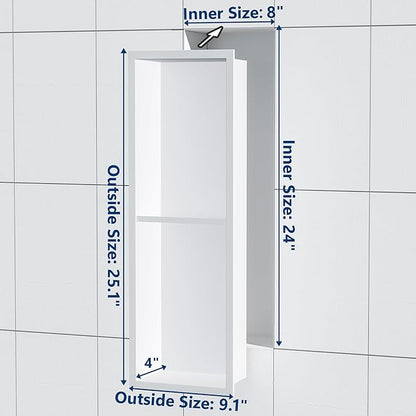 Stainless Steel Shower Niche 24" X 8", No Tile Needed Wall Niche Double Shelves, Recessed Shower Shelf for Bathroom Storage, Matte White