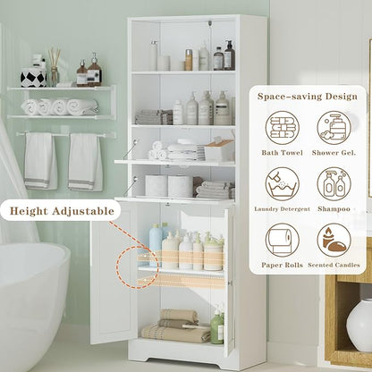 MU 67" Tall Bathroom Storage Cabinets, Modern Linen Cabinet with Doors & Shelves & Drawer, Tall Freestanding Storage Cabinet for Bathroom, Living Room, Kitchen, Pantry, White
