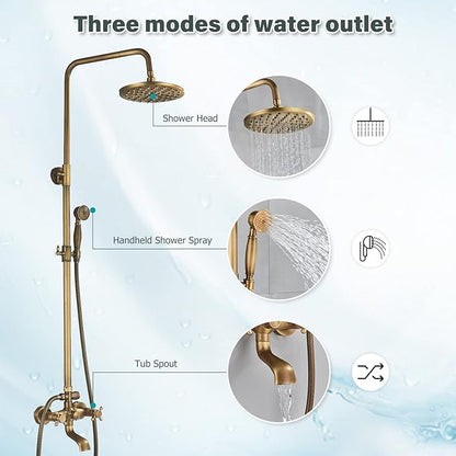NeierThodore Antique Brass 8-Inch Bathroom Shower Faucet System Rainfall Shower Head Wall-Mounted Dual Cross Handle Bathtub Shower Mixer Tap with Hand Sprayer