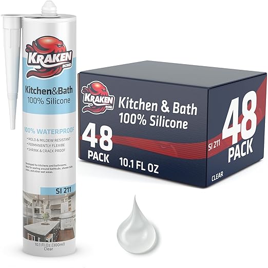 Kraken Bond Premium Kitchen and Bathroom Silicone Caulk Clear - (48x10.1 fl.oz) RTV Clear Silicone Sealant Waterproof for Kitchen, Bathroom, Shower, Sink, Anti Shrink 100% Silicone Caulking | 48 Pack