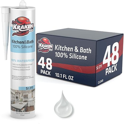 Kraken Bond Premium Kitchen and Bathroom Silicone Caulk Clear - (48x10.1 fl.oz) RTV Clear Silicone Sealant Waterproof for Kitchen, Bathroom, Shower, Sink, Anti Shrink 100% Silicone Caulking | 48 Pack