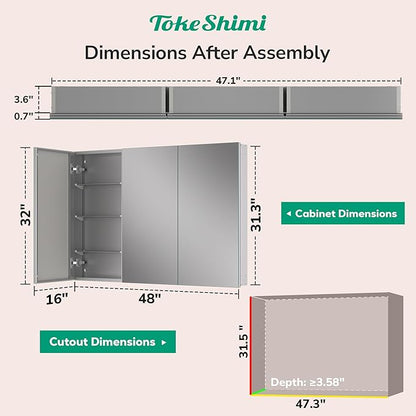 TokeShimi 48x32 Mirror with Stepless Adjustable Storage, Aluminum Tempered Bathroom Mirror Medicine Cabinet Silver, Frameless Farmhouse Medicine Cabinet for Recessed or Surface Mount Modern