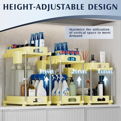 VERIFOST 2 Pack Under Sink Organizers and Storage, Height Adjustable Bathroom Cabinet Organizer, 2 Tier Under Sink Organizer with Hooks, Under Cabinet Organizer for Kitchen Bathroom (Yellow