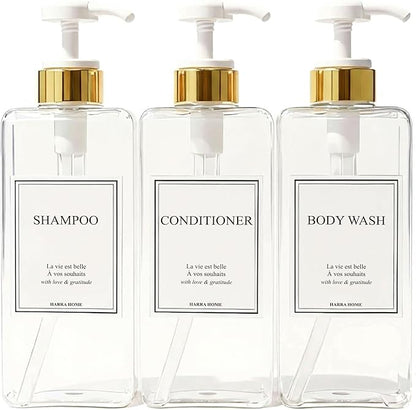Modern Gold Design Shampoo and Conditioner Dispenser, Large 27oz Shower Soap Dispenser, Set of 3 Refillable Empty Plastic Pump Bottles for Bathroom, 6 Waterproof Labels Included, (Clear & White)