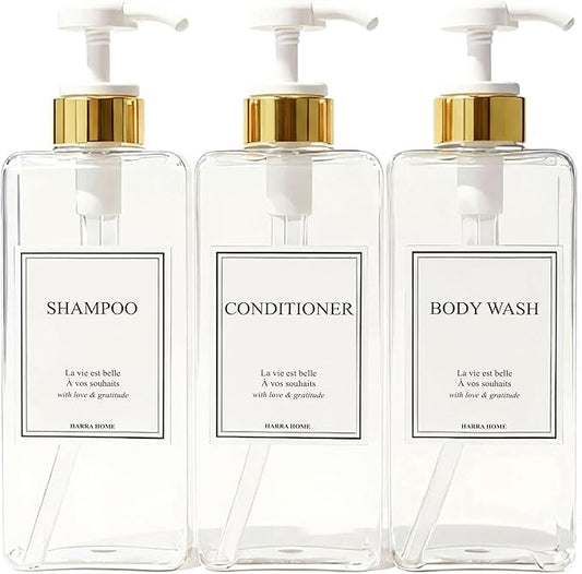 Modern Gold Design Shampoo and Conditioner Dispenser, Large 27oz Shower Soap Dispenser, Set of 3 Refillable Empty Plastic Pump Bottles for Bathroom, 6 Waterproof Labels Included, (Clear & White)