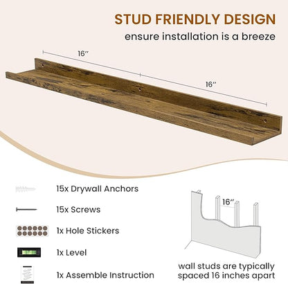 Axeman Picture Ledge Shelf, Floating Shelves for Storage Set of 6, 36 inch Floating Wall Mounted Shelves, Wall Shelves with Lip for Living Room, Bedroom, Nursery, Bathroom, Kitchen, Rustic Brown