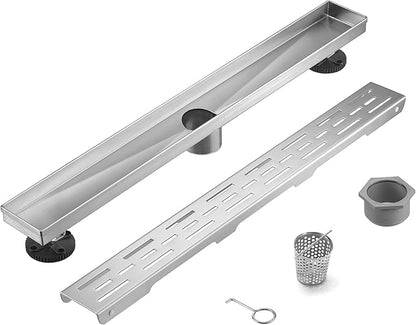 HEATGENE 28-Inch Linear Shower Drain in Brushed - Stainless Steel Rectangular Shower Floor Drain - Removable Decorative Cover - Adjustable Leveling Feet - CUPC Certified