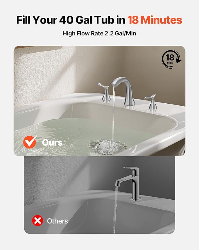 VEVOR Roman Tub Faucet, 3 Hole Waterfall Bathtub Faucet, Gooseneck Bath Tubs Faucets Set with 2 Handles, Deck Mount Bath Tub Faucets Set for Pet Washing, Adult Bathing, Brushed Nickel