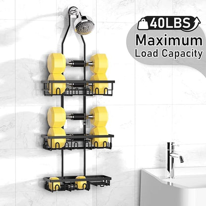 Shower Caddy,Rustproof Shower Shelves Over Shower Head,Extended Length shower rack with Soap Holder,Black