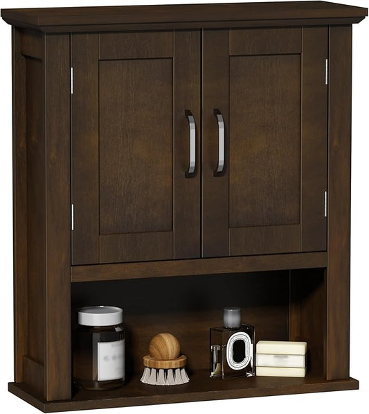 ChooChoo Wood Wall Cabinet with Doors, Medicine Cabinet with Adjustable Shelves Over The Toilet, Rustic Cabinet Wall Mounted for Bathroom, Kitchen, Living Room, Walnut