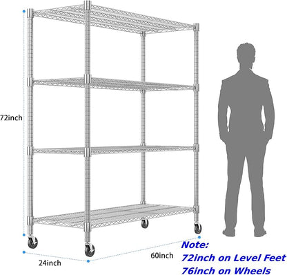 Homdox Heavy Duty Metal Shelves for Storage, 4 Tier Storage Racks and Shelving, Commercial Adjustable Wire Shelving Unit on Wheels, Garage Rack Pantry Shelves Kitchen Shelving, 24"x60"x72", Chrome