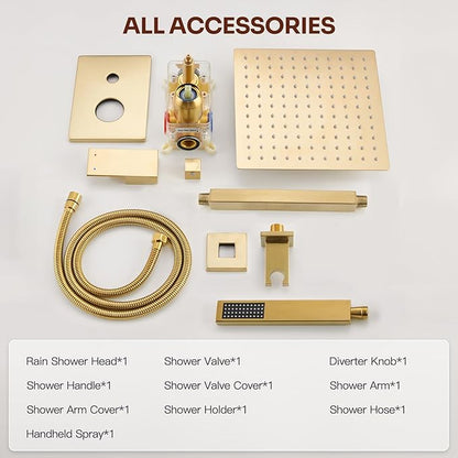 Ceiling Mount Shower System, Gold Shower Faucet Set with 12-Inch Rain Showerhead and Handheld Spray Combo, High-Pressure Showerheads Set with Valve and Trim Kit, Brushed Gold