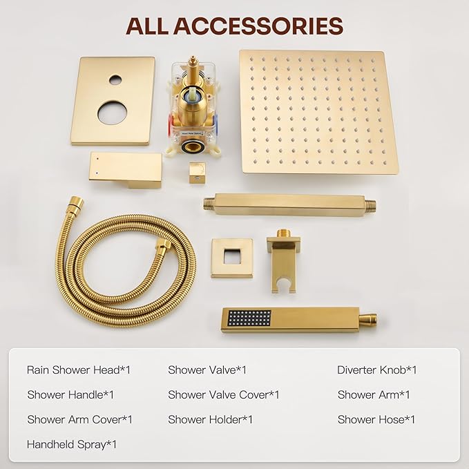 Ceiling Mount Shower Faucet Set, Gold Shower System with 10-Inch Rain Showerhead and Handheld Spray Combo, High-Pressure Showerheads Set with Valve and Trim Kit, Brushed Gold