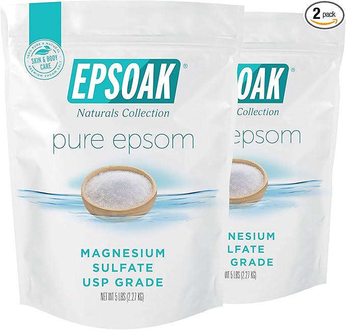 Epsoak Epsom Salt – 10 lb (Two 5 lb Resealable Bags), Magnesium Sulfate USP, Unscented, Made in USA, Perfect for Bath, Spa, and Soaking