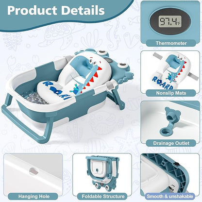 Collapsible Baby Bathtub for Newborns with Thermometer and Soft Floating Cushion Portable and Foldable Travel Baby Bath Tub for Infants to Toddler 0-36 Month (Blue)
