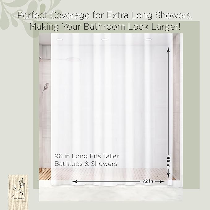 Stitch & Stone Shower Curtain Liner, Premium Medium Weight Durable Waterproof 6g PEVA for Bathroom with Weighted Magnets, Extra Long 72" x 96", Frosty 1 Pack