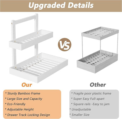 Bamboo Under Sink Organizer and Storage, 2 Tier Pull Out Cabinet Organizer, Slide Out Under Sink Storage Shelf, Undersink Organizers Shelves for Kitchen Bathroom Organization (White, 2 Packs)