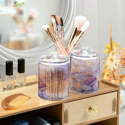 4 Pack Qtip Holder Organizer Dispenser Purple Transparent Waves Marble Bathroom Containers Bathroom Vanity Storage Canister Apothecary Jars for Cotton Swabs/Pads/Floss