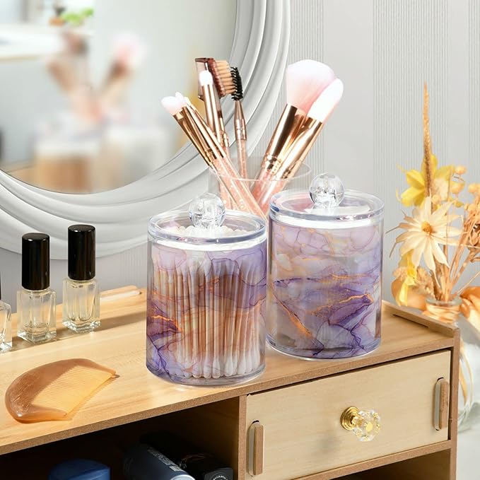 2 Pack Qtip Holder Organizer Dispenser Purple Transparent Waves Marble Bathroom Storage Canister Cotton Ball Holder Bathroom Containers for Cotton Swabs/Pads/Floss