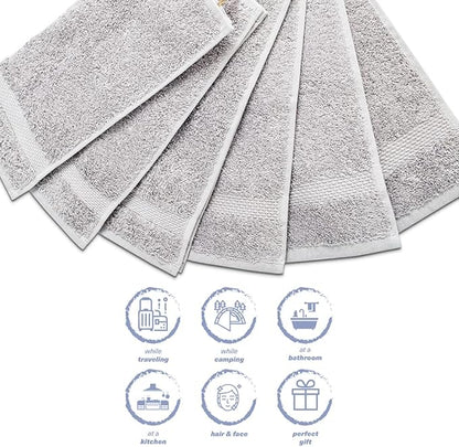 Hencely Premium 6-Pack Washcloths 12x12 Inches Soft Turkish Cotton High Absorbent and Quick Dry Dishtowel for Kitchen and Bath (Wash Cloth 6 Pack, Silver)