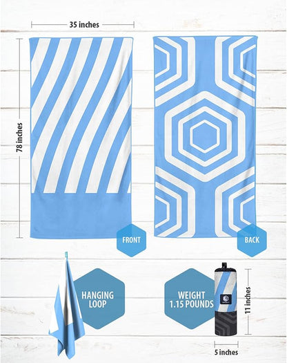 VENTURE 4TH Microfiber Beach Towel: Quick-Dry, Compact, Sand-Free, Absorbent, Sandproof and Lightweight - Perfect for Camping, Beach, and Roadtrips (Sky Blue Stripes Design | 35x78 inches)