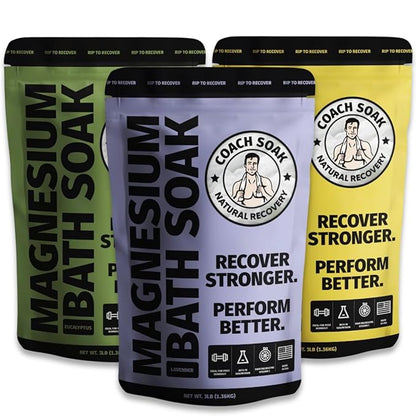 3 Pack Bundle: Coach Soak Recovery Bath Soak, Epsom Salt Bulk, Bath Salts Bulk, 3 Pack Bundle, Total of 9 Pounds (Eucalyptus, Lavender, Citrus)