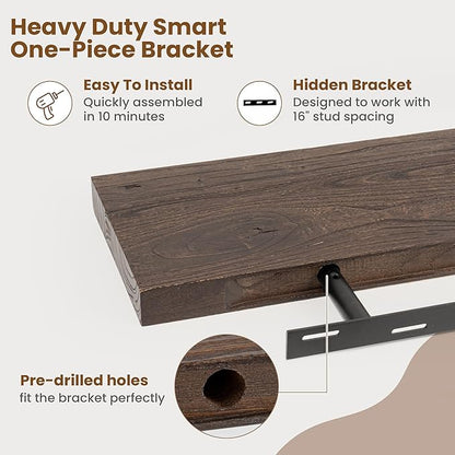 Floating Shelves for Wall Decor, 8 Inch Deep Rustic Solid Elm Wood Floating Shelves Wall Mounted, Wall Shelves with Invisible Bracket for Living Room Bathroom Bedroom Kitchen, 32 Inch Set of 2, Walnut