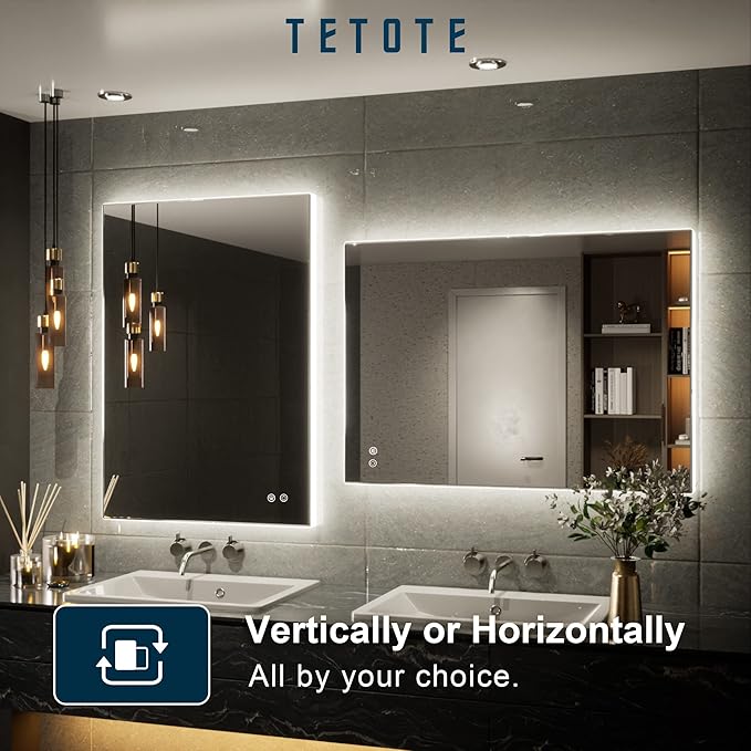 TETOTE 20 x 28 LED Backlit Bathroom Mirror with Light,3Color White/Warm/Natural,Anti-Fog Lighted Mirror,Dimmable,Vanity Mirror,Wall Mounted