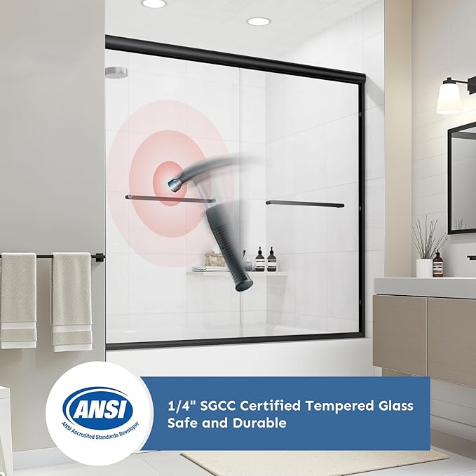 Bathtub Shower Door - 58-60" W×59" H Adjustable Aluminum Frame - 1/4 Tempered Glass with Clear Anti-Explosion Film - 4 Aluminum Rollers - Sliding Glass Door for Tub