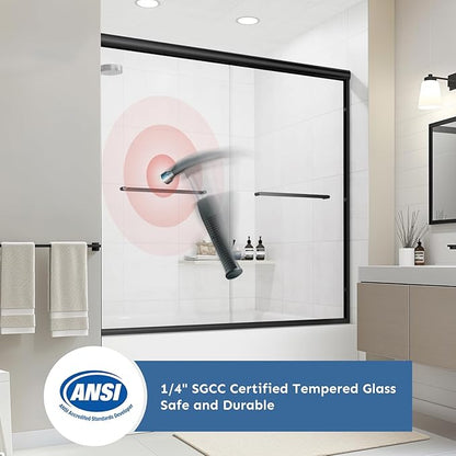 Bathtub Shower Door - 58-60" W×59" H Adjustable Aluminum Frame - 1/4 Tempered Glass with Clear Anti-Explosion Film - 4 Aluminum Rollers - Sliding Glass Door for Tub
