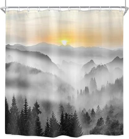 Riyidecor Misty Mountain Shower Curtain 72Wx72H Inch Black Sunrise Foggy Woodland Greenery Smokey Scenery Tree Nature Pine Scenic Rustic Bathroom Decor Fabric Polyester Waterproof 12 Pack Hooks