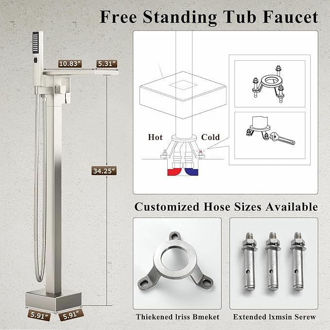 Freestanding Bathtub Faucet with Handheld Sprayer, Brushed Nickel Floor Mount Tub Filler, High Flow Waterfall Brass Bath Shower Faucet for Modern Bathroom