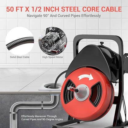 50FTx1/2 Inch Drain Cleaner Machine with Wheels, Sewer Snake Electric Drain for 2" to 4" Pipes, Plumbing Snake Auger Cleaner with 6 Cutter & Foot Switch for Sewer, Sink, Toilet, Bathroom