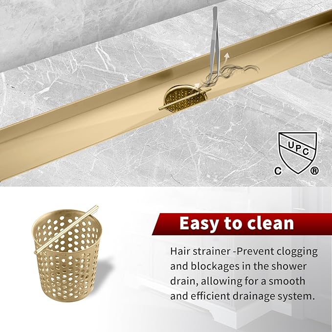 Sharp-tec Linear Shower Drain, 36 inch Shower Drain with Removable Pattern Cover, Brushed Gold 304 Stainless Steel Rectangle Floor Drain, Adjustable Feet and Hair Strainer Included (Model 101)