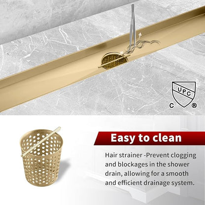 Sharp-tec Linear Shower Drain, 28inch Shower Drain with Removable Pattern Cover, Brushed Gold 304 Stainless Steel Rectangle Floor Drain, Adjustable Feet and Hair Strainer Included (Model 101)