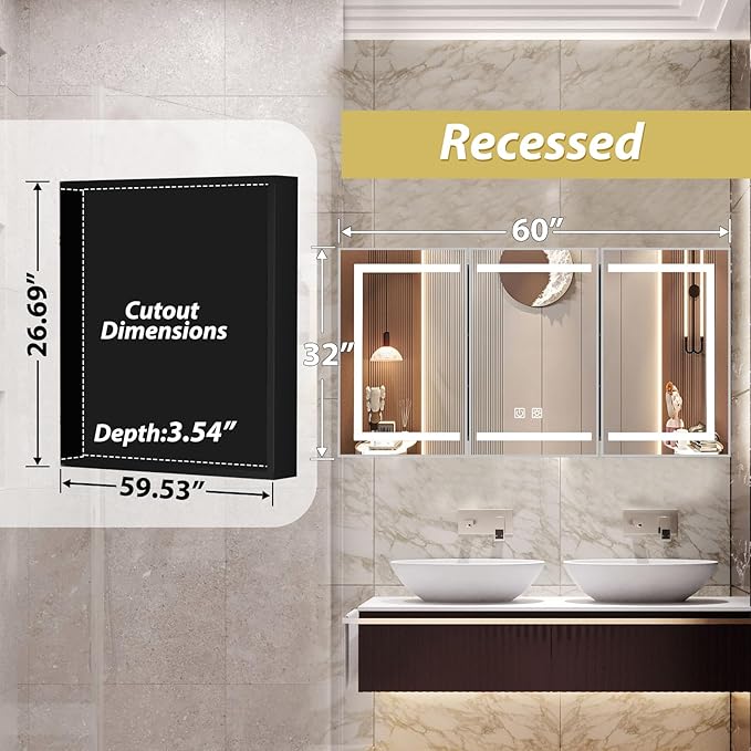 APRILSOUL 60X32 Inch Silver Bathroom Medicine Cabinet with Mirror, Recessed or Surface Lighted Medicine Cabinet with 3 Colors Temperature, Dimmable Light