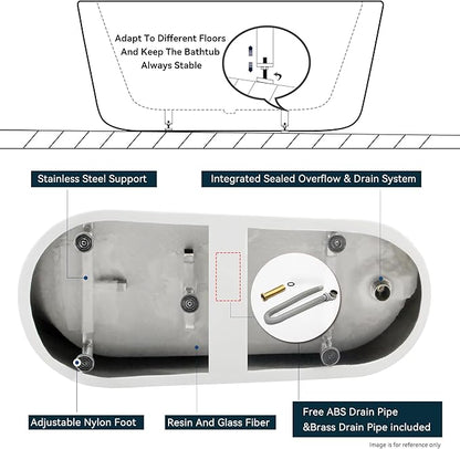 FerdY Langkawi 67" Acrylic Freestanding Bathtub, White Modern Stand Alone Soaking Bathtub, cUPC Certified, Polished Gold Drain and Minimalist Linear Design Overflow Included, Easy to Install, 02568T