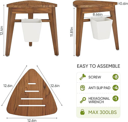 12.4“ Tall Small Teak Shower Stool for Shaving, Waterproof Corner Foot Rest with Storage Basket, Space-Saving Design for Compact Showers