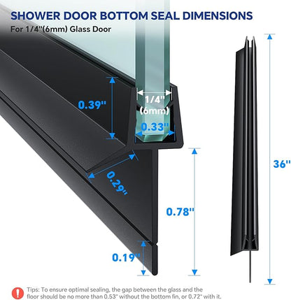 2-Pack Frameless Shower Door Bottom Seal (1/4" X 36") Clear Glass Seal Strip Shower Door Sweep - Stop Shower Leaks,Black