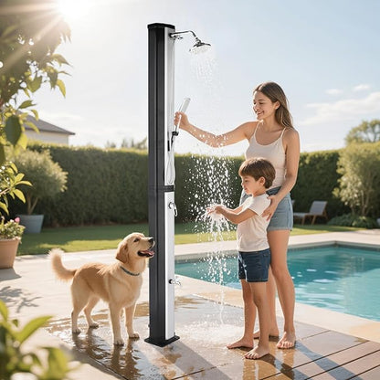 VINGLI Solar Heated Shower,2-Section with Shower Head and Foot Shower Tap，for Outdoor Backyard Poolside Beach Pool Spa,Black (16 Gallon- Sliver&Black Surface)