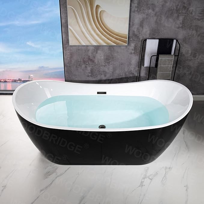 WOODBRIDGE 71" Acrylic Freestanding Bathtub Contemporary Soaking Black Tub with Matte Black Overflow and Drain,Black,B1817-MB