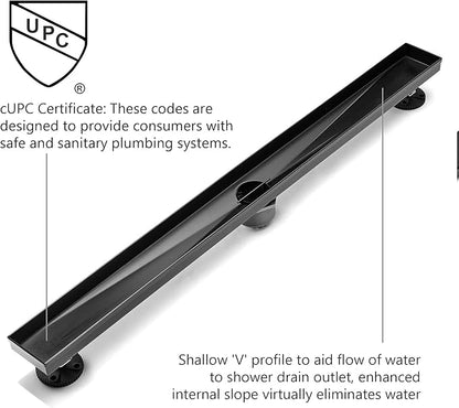 HEATGENE Linear Shower Drain 36-Inch, Stainless Steel Rectangle Shower Floor Drain with 2-in-1 Flat & Tile Insert Cover, Shower Drain with Leveling Feet & Hair Strainer, Matte Black